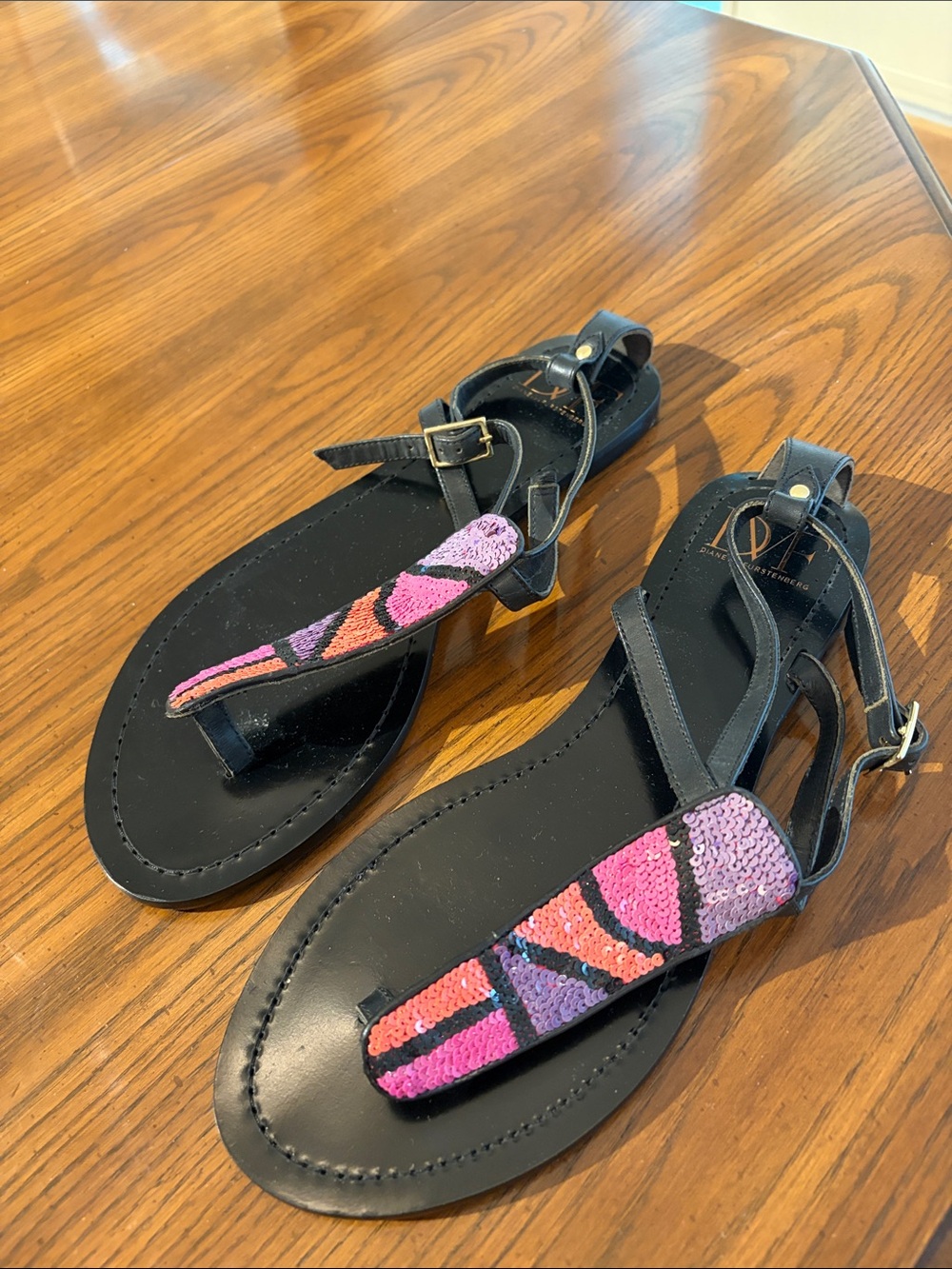 Diane Von Furstenberg Black Thong Sandals with Pink & Purple Sequin Accent